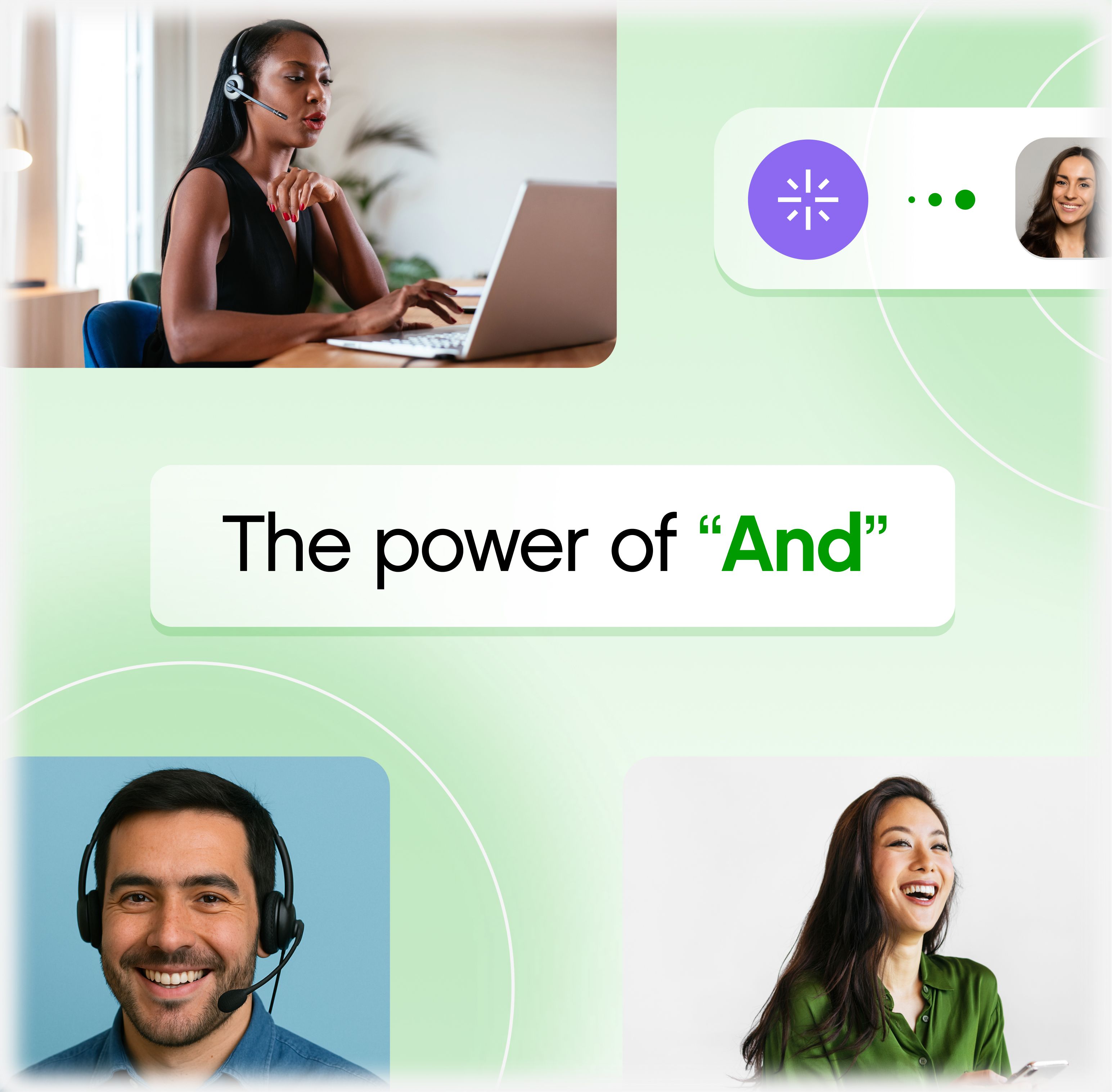 Collage of diverse people using headsets and laptops, with text "The power of 'And'" and "Customer AI," set on a light green background.