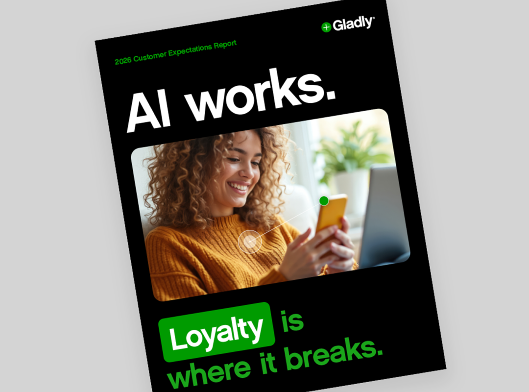 A woman with curly hair smiles at her phone, surrounded by text reading "AI works. Loyalty is where it breaks." The tone is optimistic and engaging.