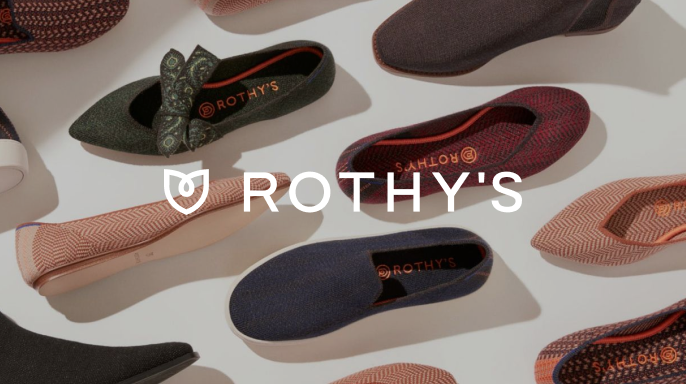 Various colorful Rothy's shoes are angled creatively on a light background. The image features their logo in the center, conveying style and elegance.