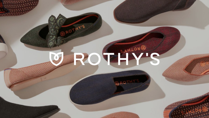 Various colorful Rothy's shoes are angled creatively on a light background. The image features their logo in the center, conveying style and elegance.
