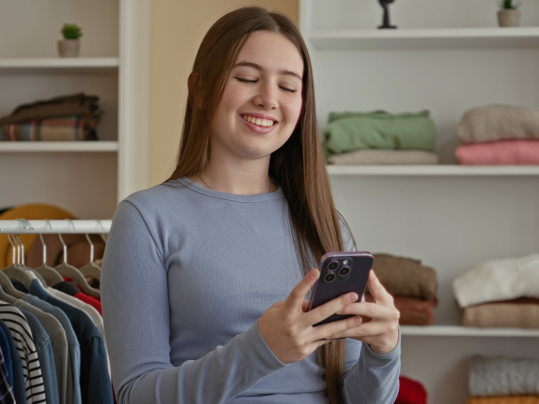 Woman browsing products on her phone in a clothing store, with sweaters folded and sorted by color on the shelves behind her.