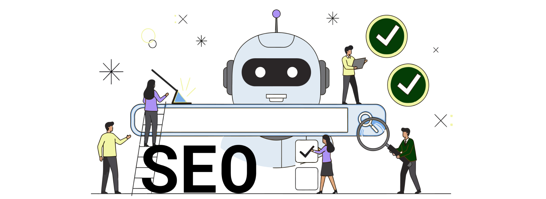 Illustration of people building and optimizing SEO around a large robot search bar, with checkmarks and the word SEO.