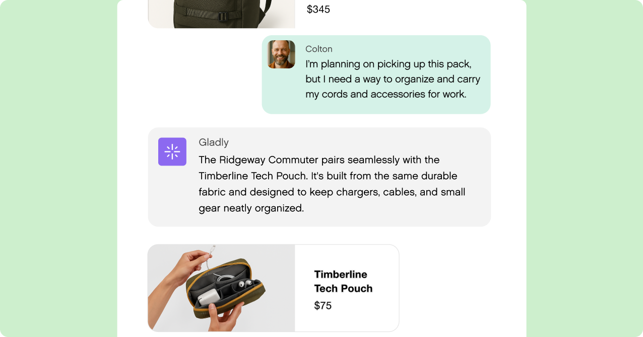 Text message exchange about organizing tech gear with a suggestion for the Timberline Tech Pouch, shown in a photo holding cords and accessories.