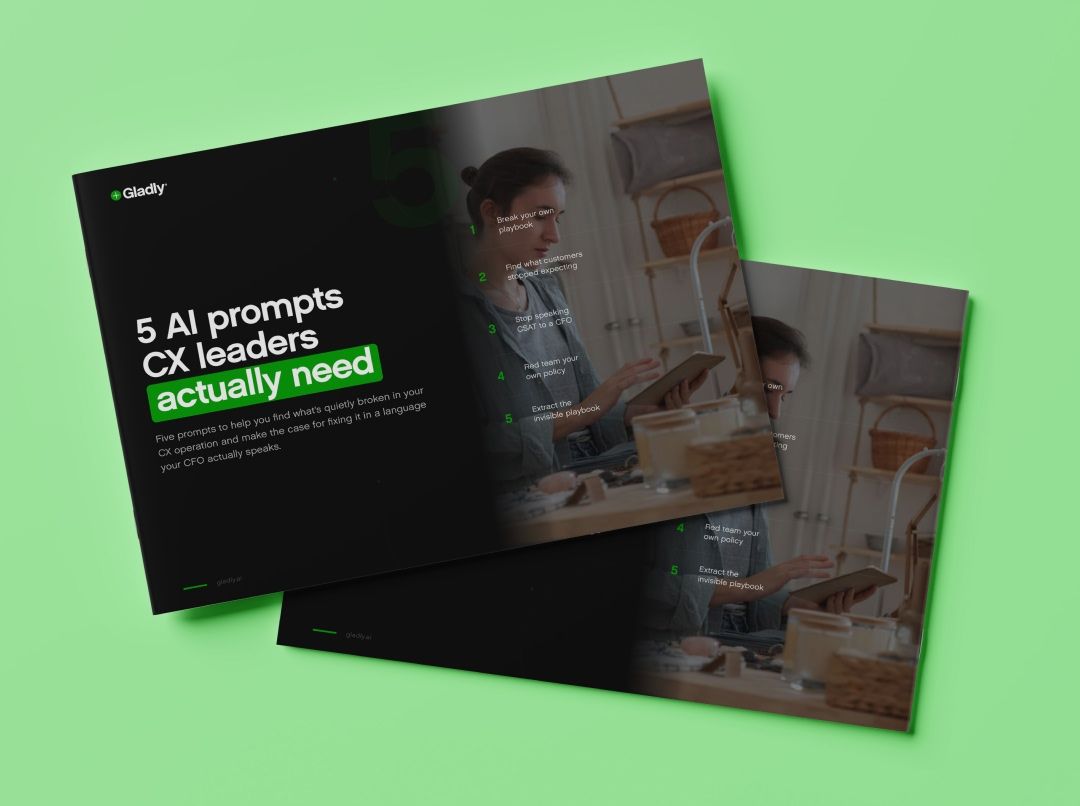 Cover of the Gladly guide "5 AI prompts CX leaders actually need," showing the five prompts beside a person using a tablet in a shop.