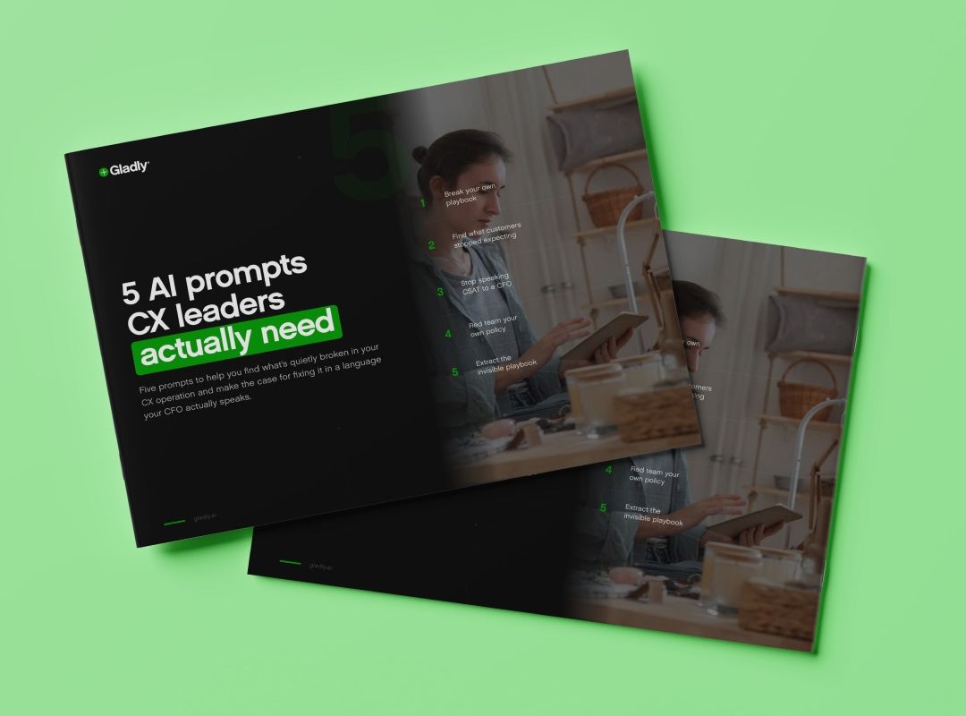 Cover of the Gladly guide "5 AI prompts CX leaders actually need," showing the five prompts beside a person using a tablet in a shop.