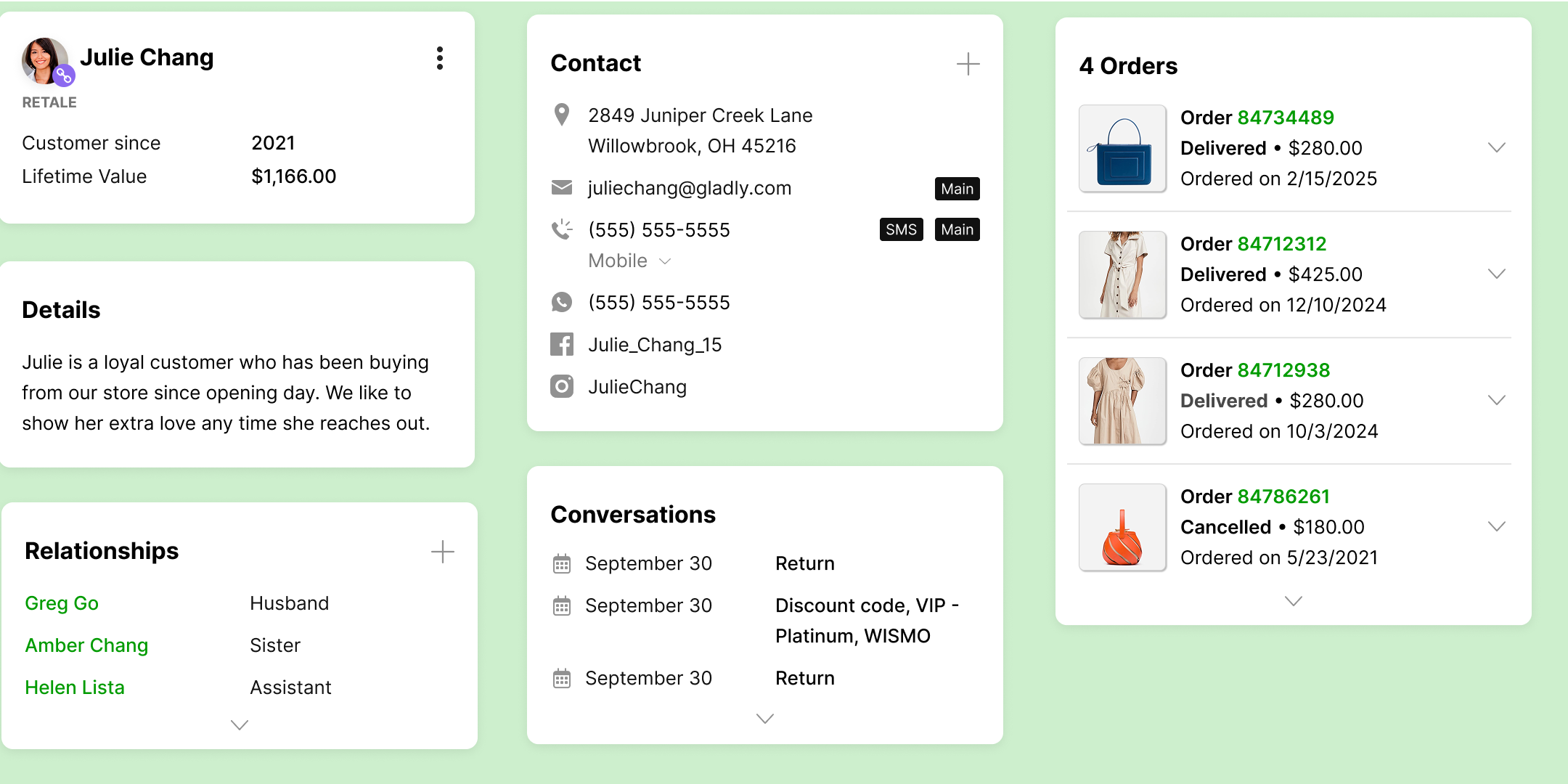 Customer profile of Julie Chang includes contact info, order history, and details. Shows four orders, relationships, and conversation history.