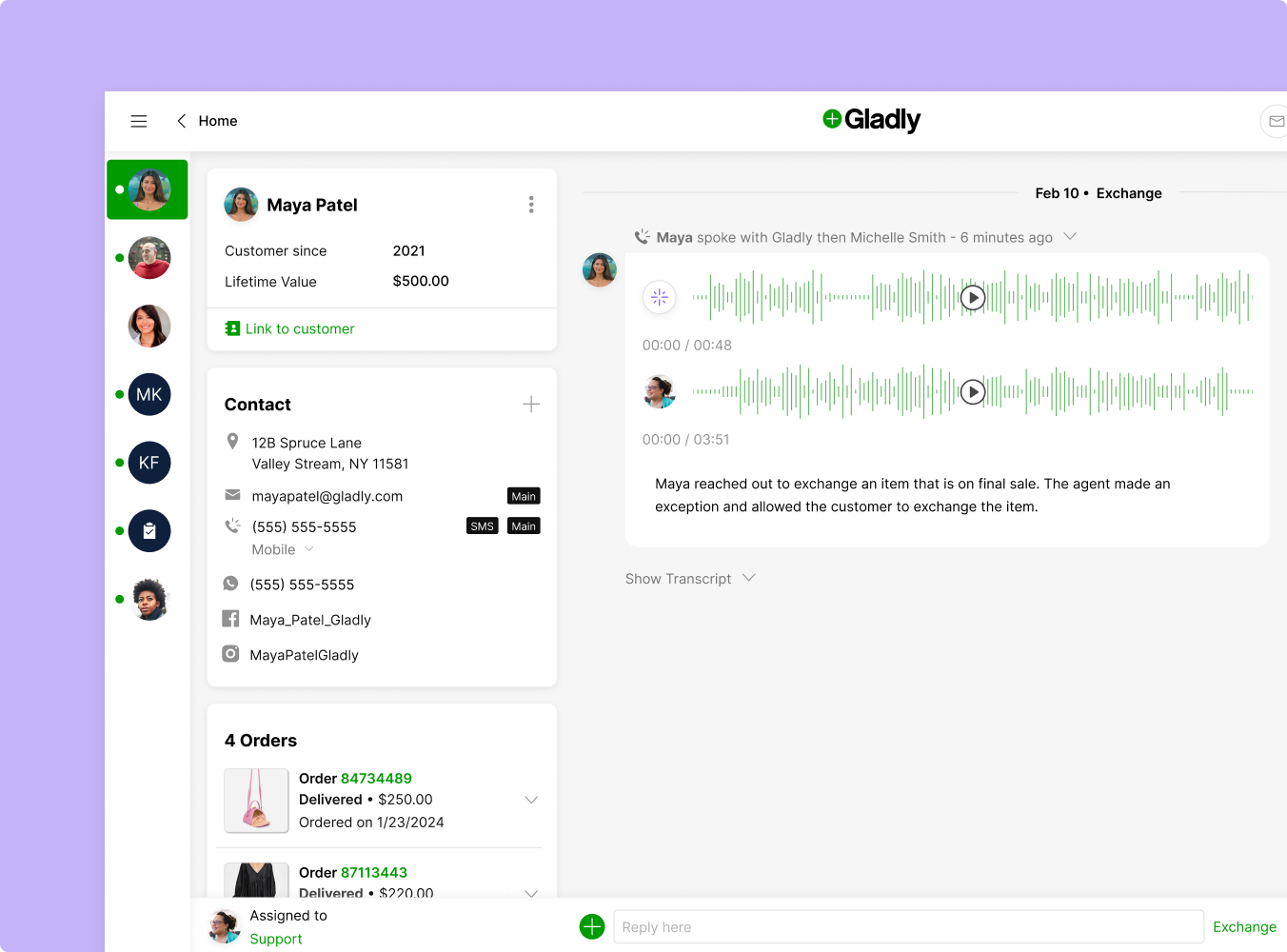 Customer service interface for Gladly shows Maya Patel's profile, order details, and contact info, with audio transcript of a recent exchange.