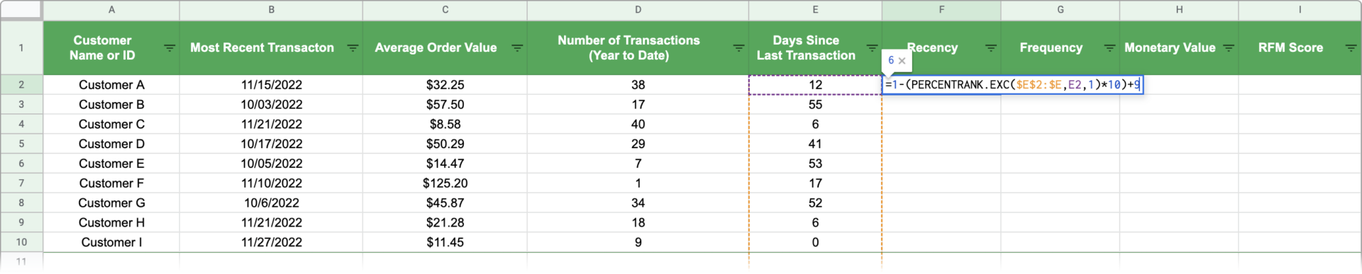 RFM Formula 2 being entered into a spreadsheet