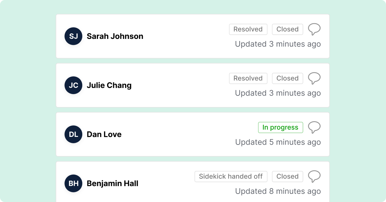 A digital interface shows a conversation between a customer and an agent about upgrading to business class for a wedding anniversary trip. The screen displays travel details, chat messages discussing the upgrade, and a voice call waveform. The tone is helpful and enthusiastic.
