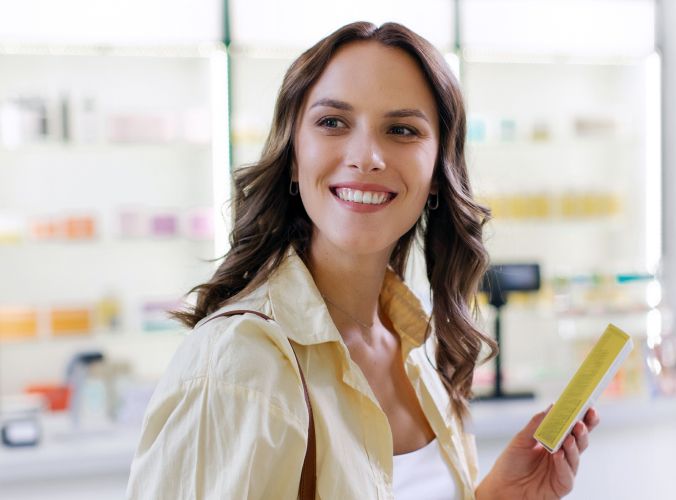 A smiling woman with wavy brown hair holds a yellow box inside a bright pharmacy. She wears a cream shirt, conveying a cheerful and welcoming atmosphere.