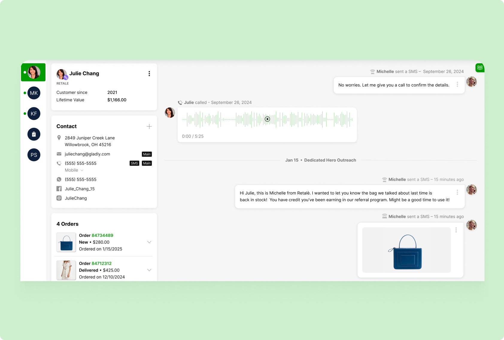 Chat interface displaying a conversation between Michelle and Julie Chang. It includes contact info, order history, audio waveform, and SMS messages.
