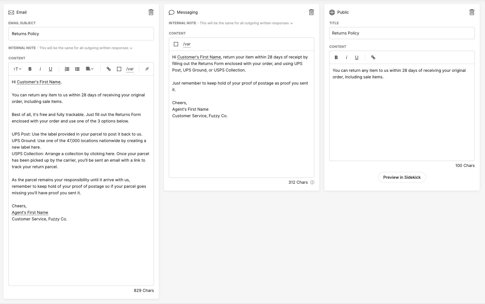 Screenshot of several email messages to a customer