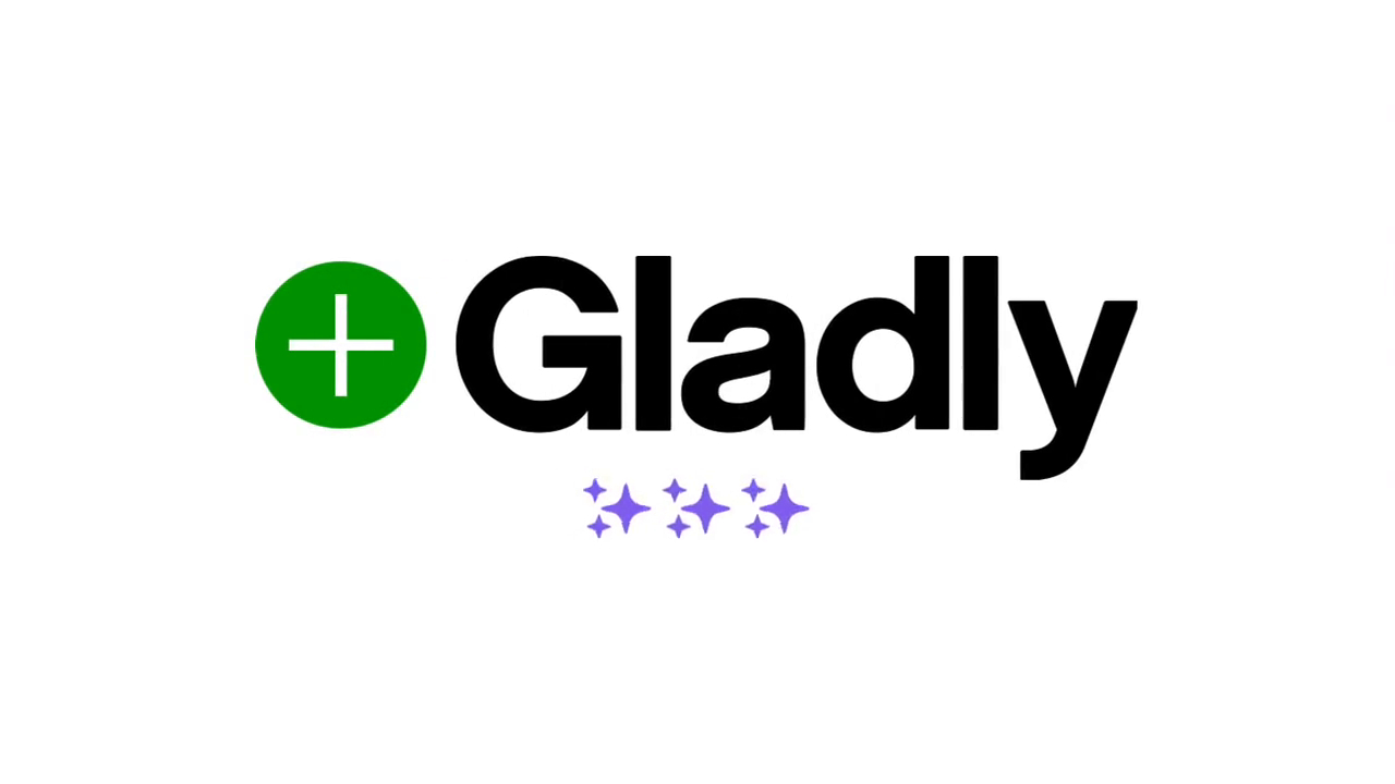 Logo with the word "Gladly" in black text. A green circle with a white plus sign is on the left. Four purple sparkles are centered below.