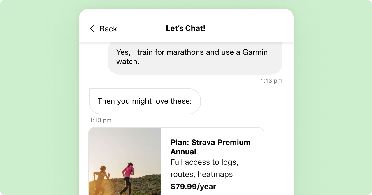 Chat screen showing a conversation about marathon training leading to an annual Strava Premium plan suggestion, priced at $79.99/year.
