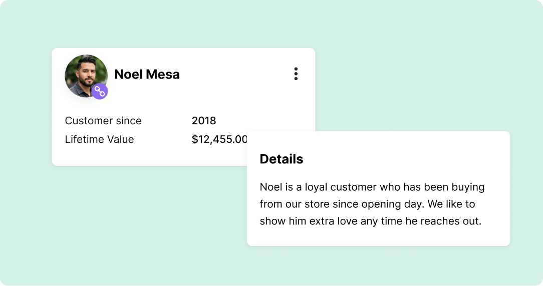 User profile card featuring a person with a beard and customer details since 2018. Text highlights loyalty, lifetime value of $12,455, and personalized service.