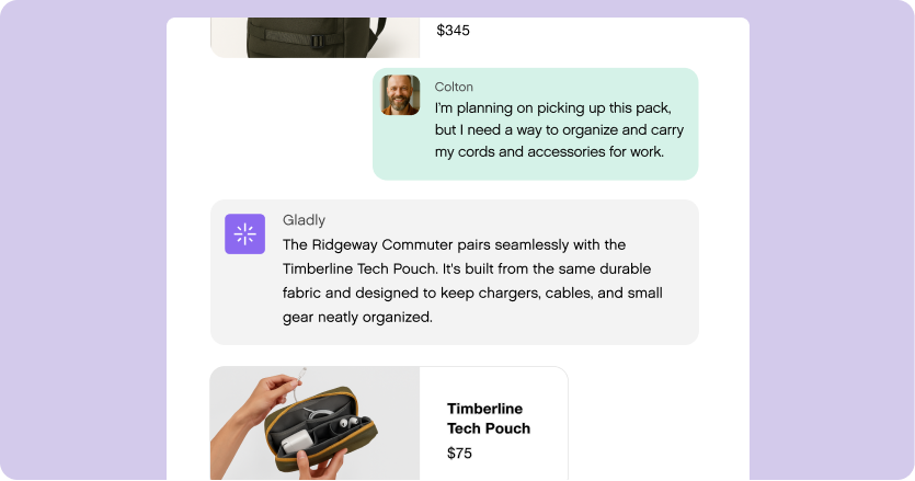 A user, Colton, comments about needing a way to organize cords. Gladly suggests the Timberline Tech Pouch, shown holding gadgets, priced at $75.