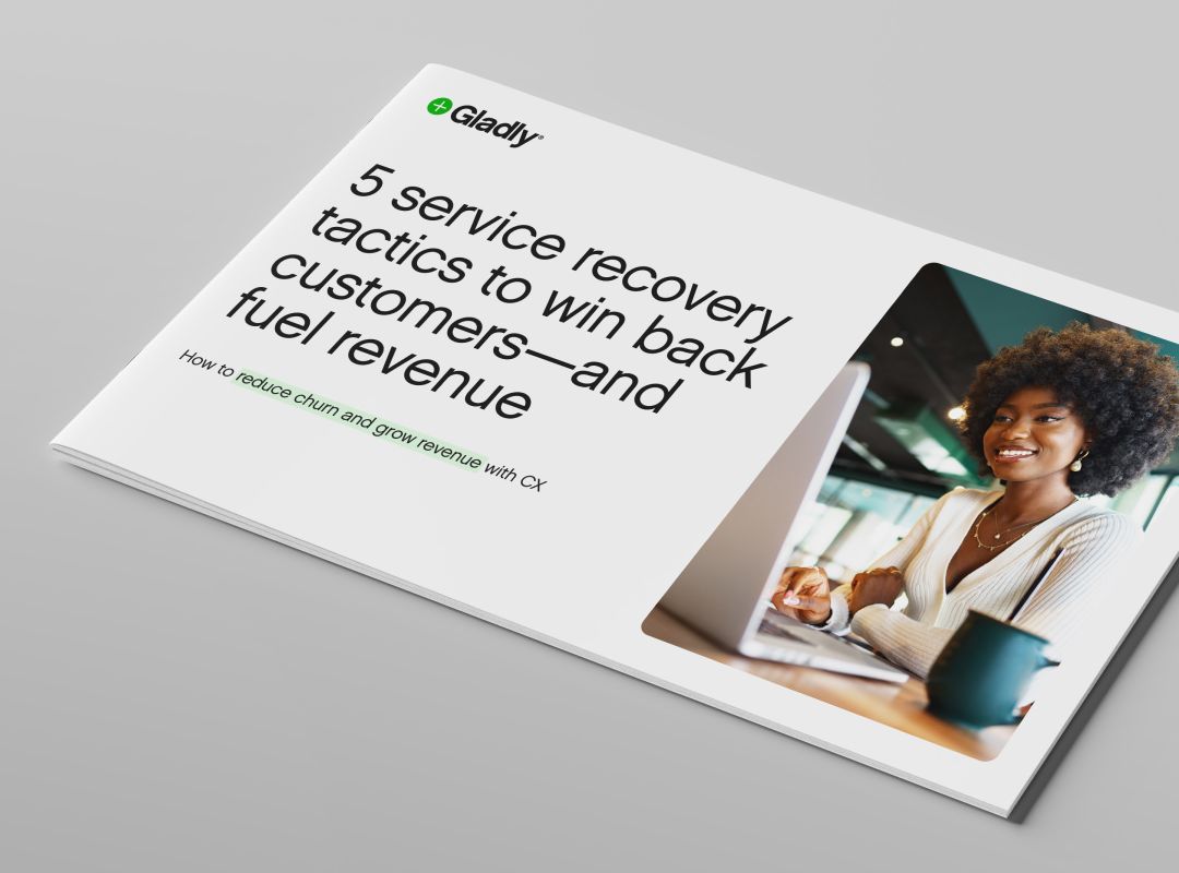 Brochure cover titled '5 service recovery tactics to win back customers—and fuel revenue' with a smiling person using a laptop, conveying a positive, professional tone.