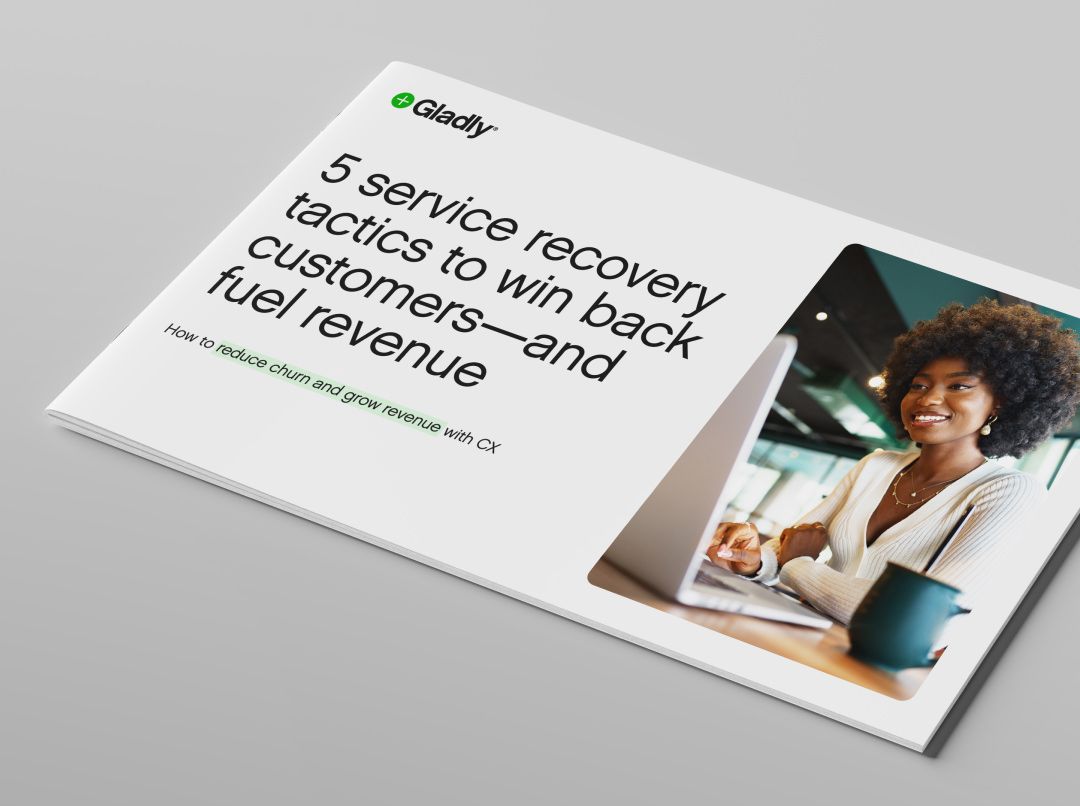 Brochure cover titled '5 service recovery tactics to win back customers—and fuel revenue' with a smiling person using a laptop, conveying a positive, professional tone.