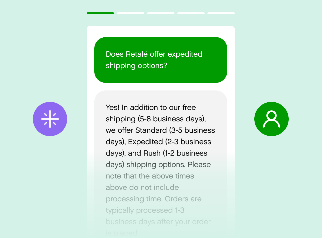 The image shows a shipping inquiry screen on a light green background. A green chat bubble asks about Retalé’s expedited shipping, answered below with options.