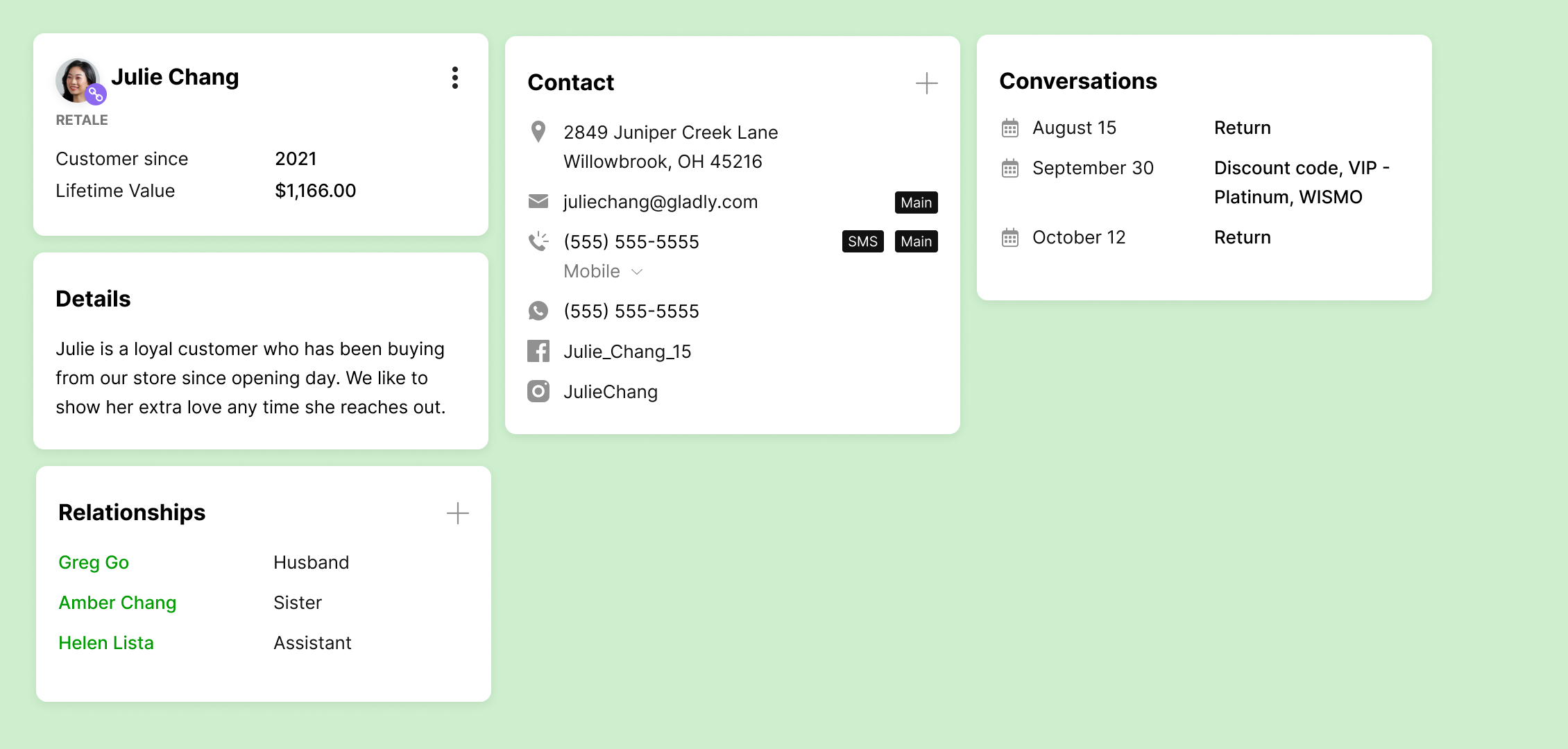 Customer profile showing Julie Chang's details on a green background. Includes contact info, purchase history, relationships, and recent conversations.