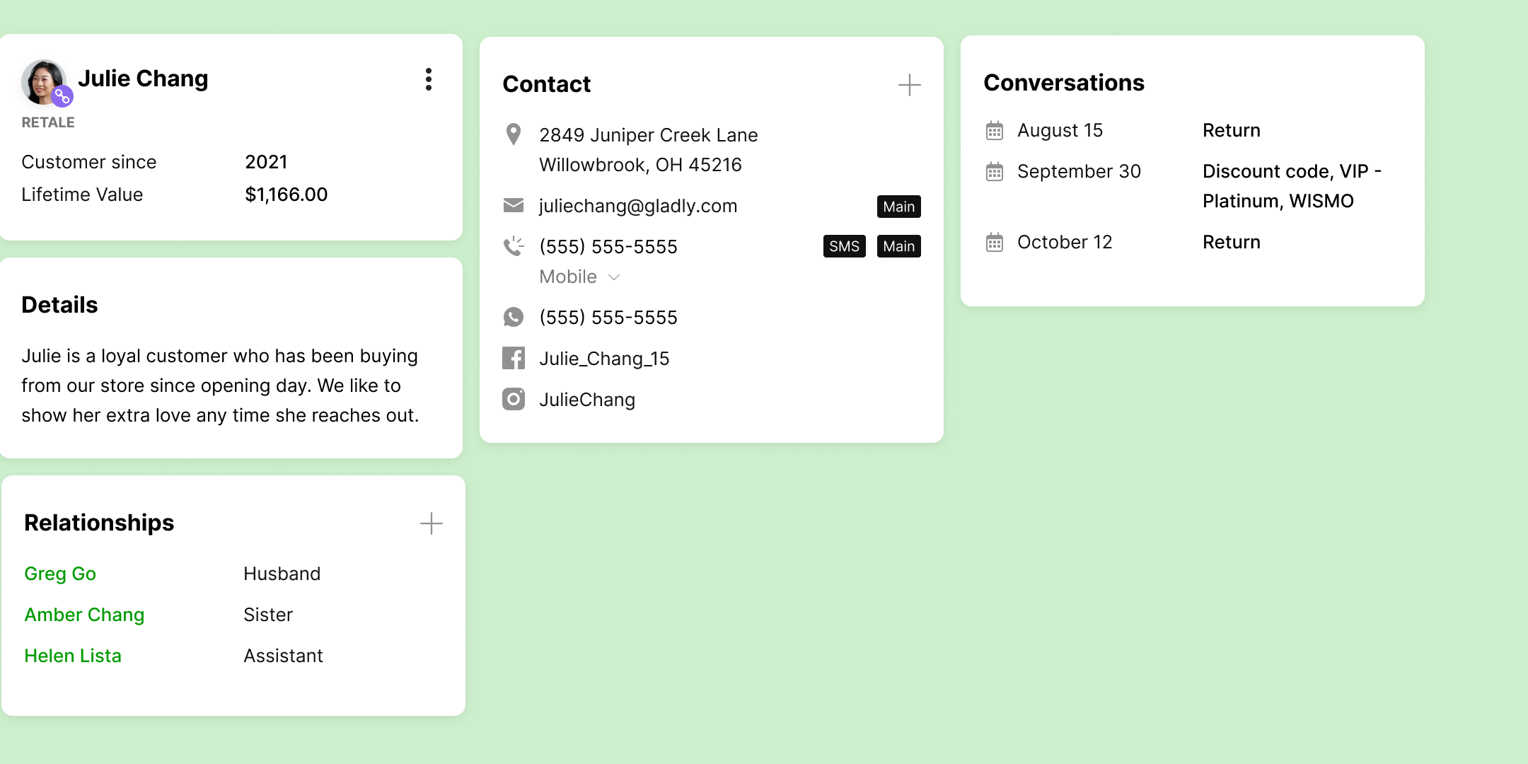 Customer profile showing Julie Chang's details on a green background. Includes contact info, purchase history, relationships, and recent conversations.