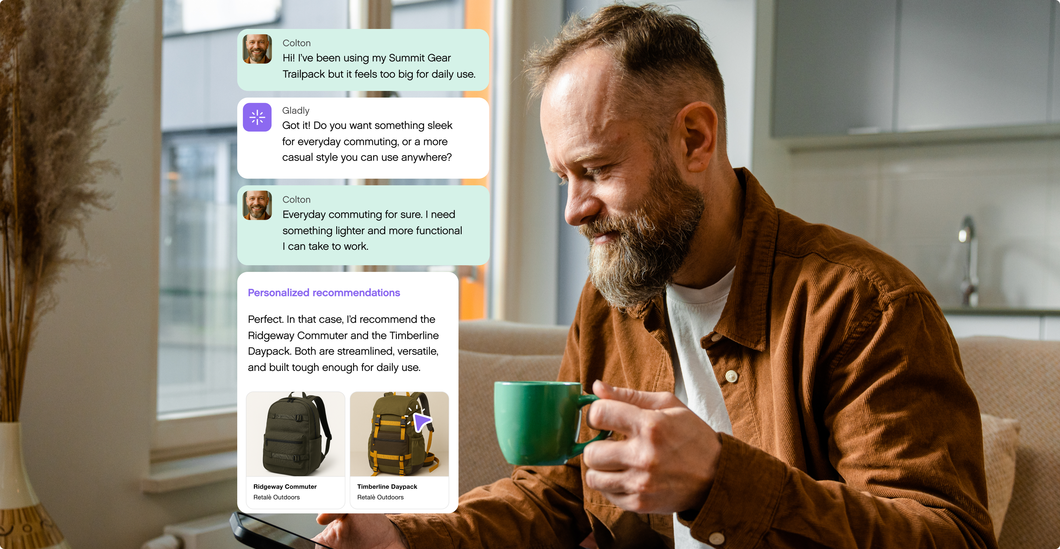A bearded man in a cozy room holds a green mug while looking at a smartphone. Onscreen text bubbles show a conversation about finding a suitable backpack, with product images and recommendations. The scene conveys a warm, casual tone.