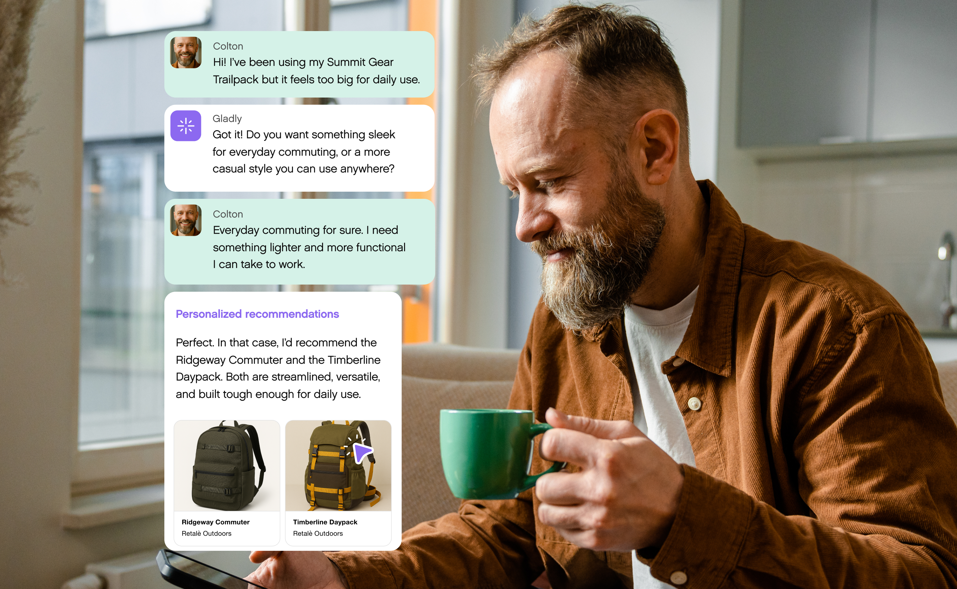 A bearded man in a cozy room holds a green mug while looking at a smartphone. Onscreen text bubbles show a conversation about finding a suitable backpack, with product images and recommendations. The scene conveys a warm, casual tone.