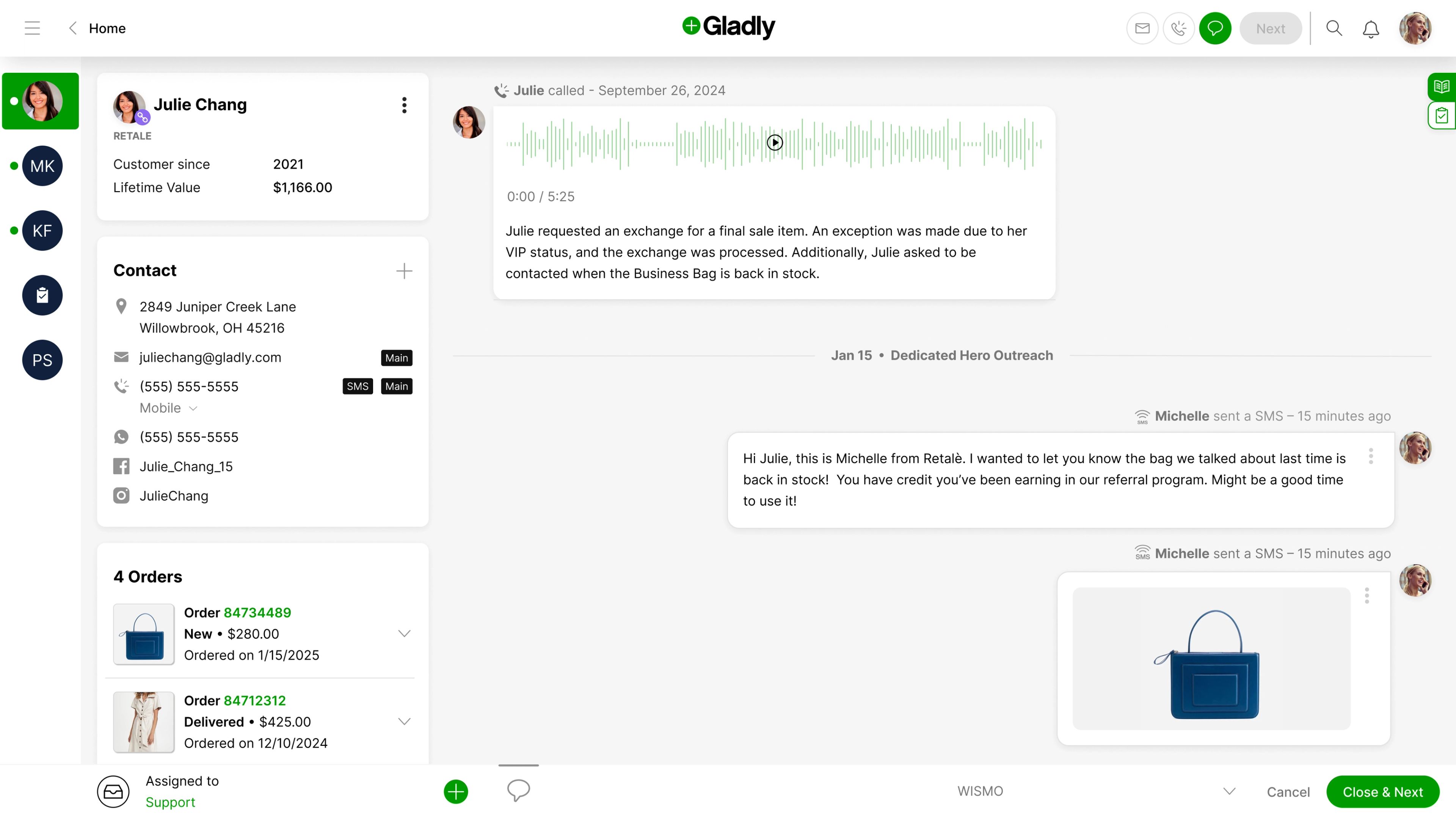 Messaging interface shows conversation with customer Julie Chang, discussing order status and VIP exchange. Contact details and order list are on the left.