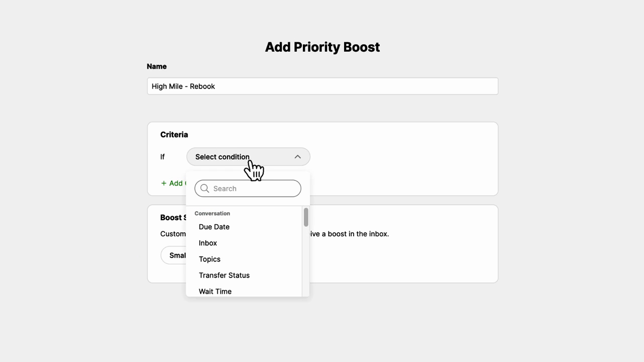 User interface for adding a priority boost shows a dropdown menu with selectable conditions like "Due Date" and "Inbox." A hand cursor selects an option.