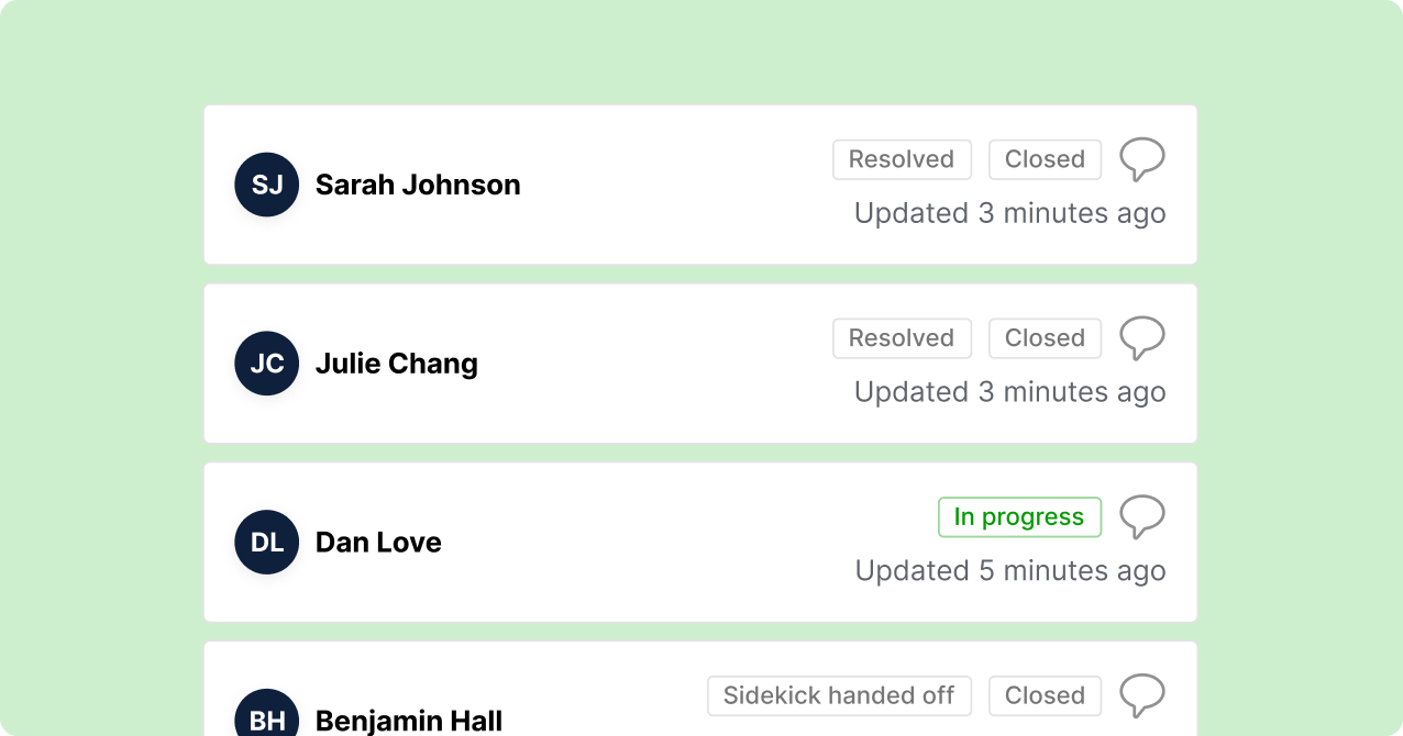 Screenshot of Gladly's Journeys dashboard showing metrics for customer inquiries, resolutions at 55%, and handoffs at 45%. A table lists guide names, profiles, and counts with specific data for playback, billing, and subscription categories. The tone is analytical and informative.