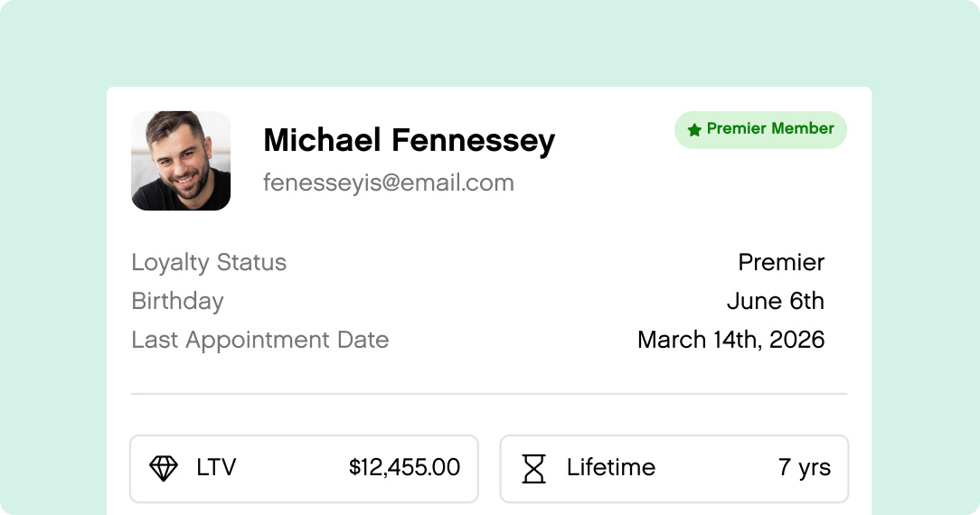 Profile card with a smiling man, labeled as a Premier Member. Includes name, email, loyalty status, and financial details on a light green background.