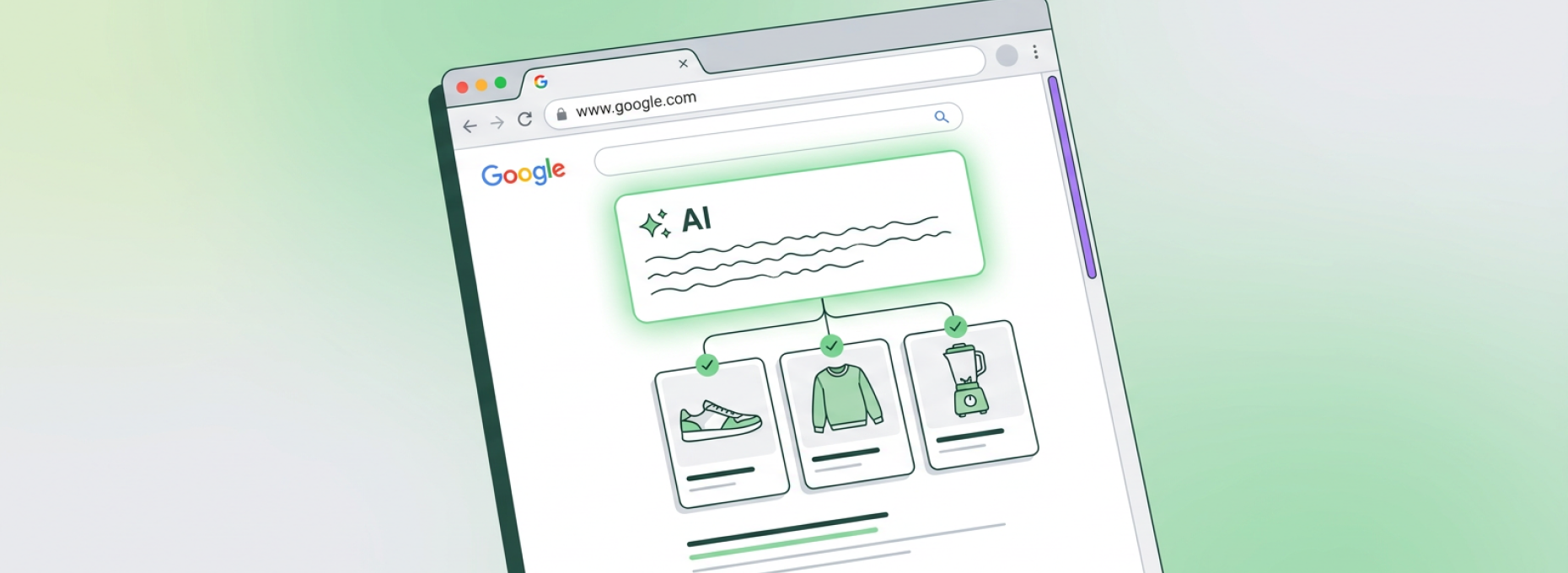 Illustration of a Google search results page with an AI-generated summary box highlighted in green at the top, connected by lines to three product listings below it, each marked with a checkmark to show they were cited in the answer.