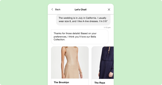 Chat interface shows a conversation about a wedding dress. Two dress options appear below: beige The Brooklyn and black The Raya, priced at $185 and $285.