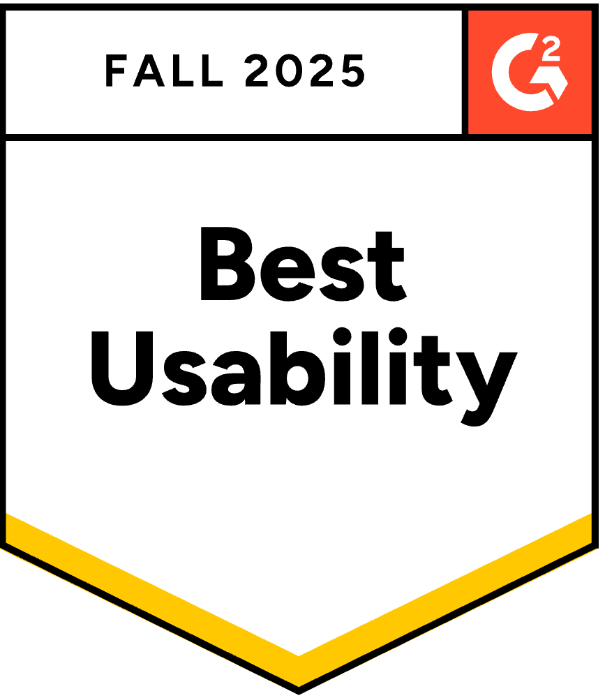 Award badge labeled "Fall 2025 Best Usability" with a red G2 logo in the top right. The badge has a sleek, modern design with a yellow accent.