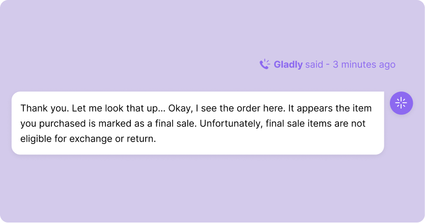 Chat message on a purple background from "Gladly," explaining that an item purchased is a final sale, and cannot be exchanged or returned. Tone is informative.