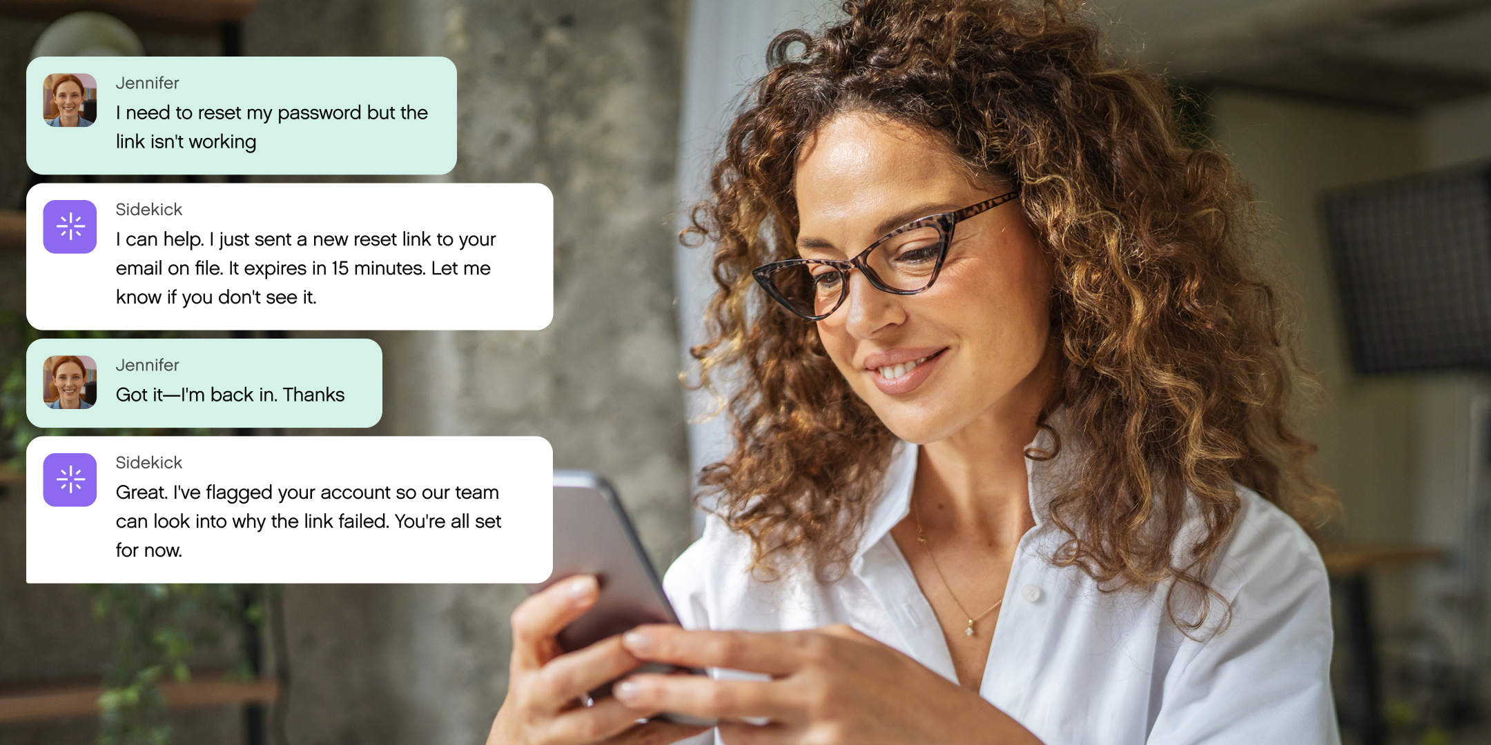 A woman with curly hair smiles at her phone, engaging in a chat about resetting a password. The friendly tone suggests a successful resolution.