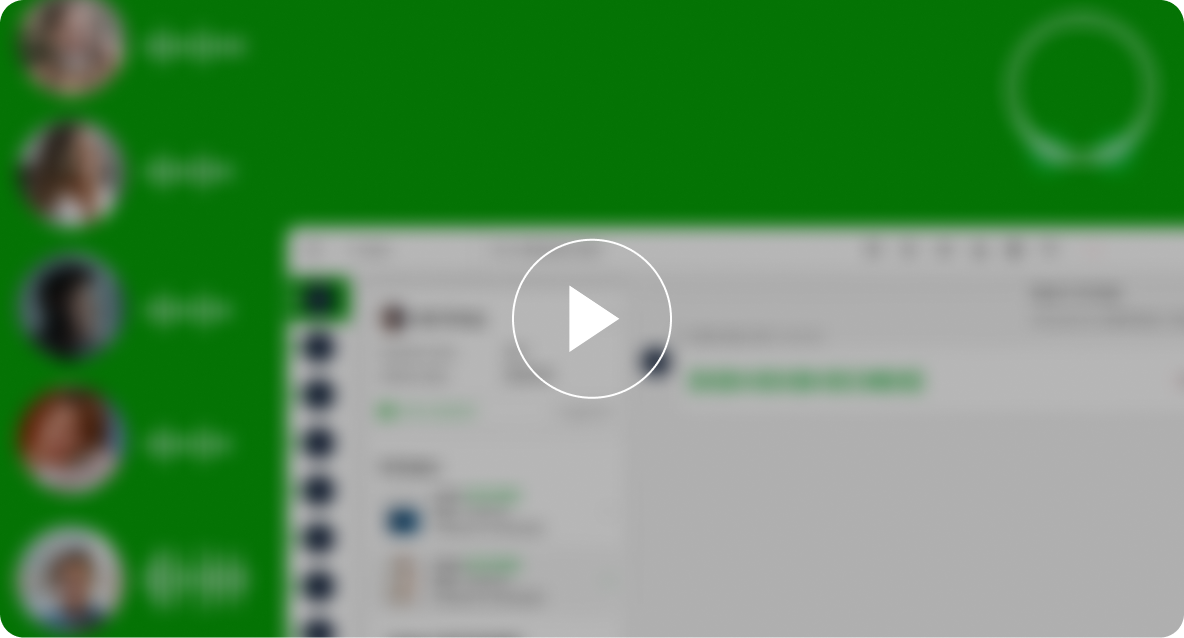 Blurred screenshot of a messaging app on a green background, showing profile pictures and a conversation list. A play button overlays the center.