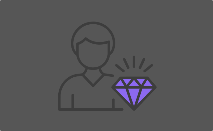 Outline of a person next to a glowing purple diamond on a dark gray background, conveying luxury and uniqueness.