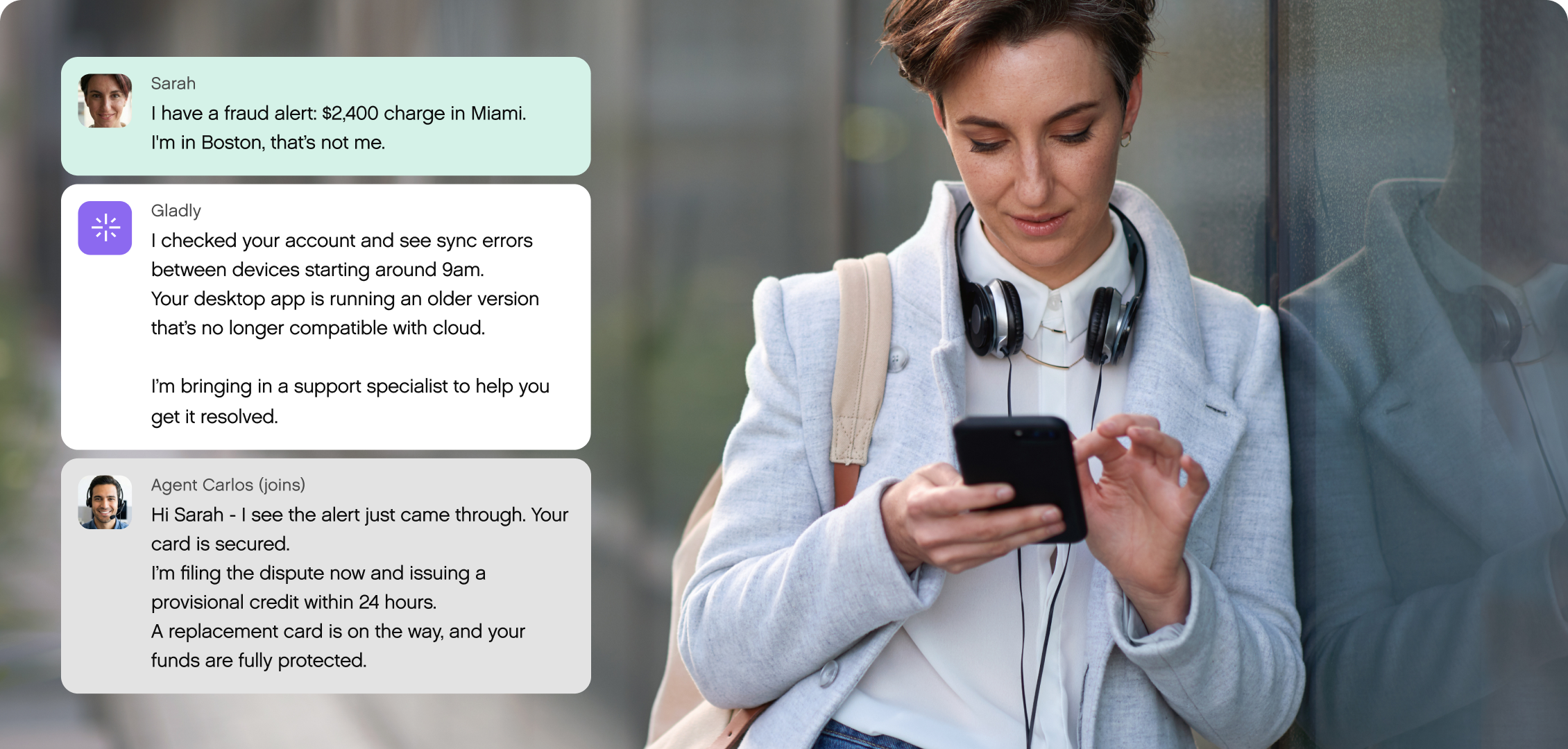 A woman leans against a glass wall, focused on her smartphone. Text bubbles appear beside her, discussing a fraud alert and customer support resolution.