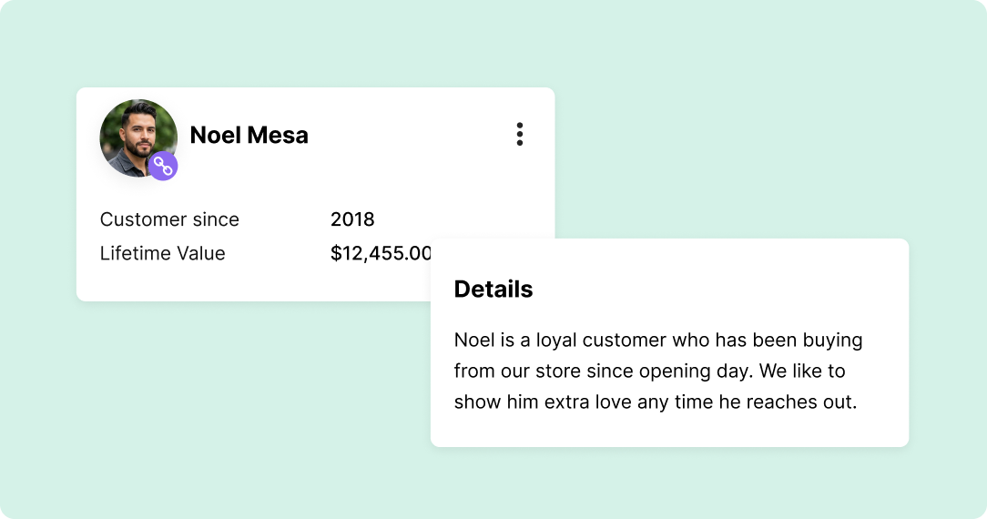 Customer profile card on a green background showing Noel, with customer since 2018 and lifetime value of $12,455. A note highlights his loyalty