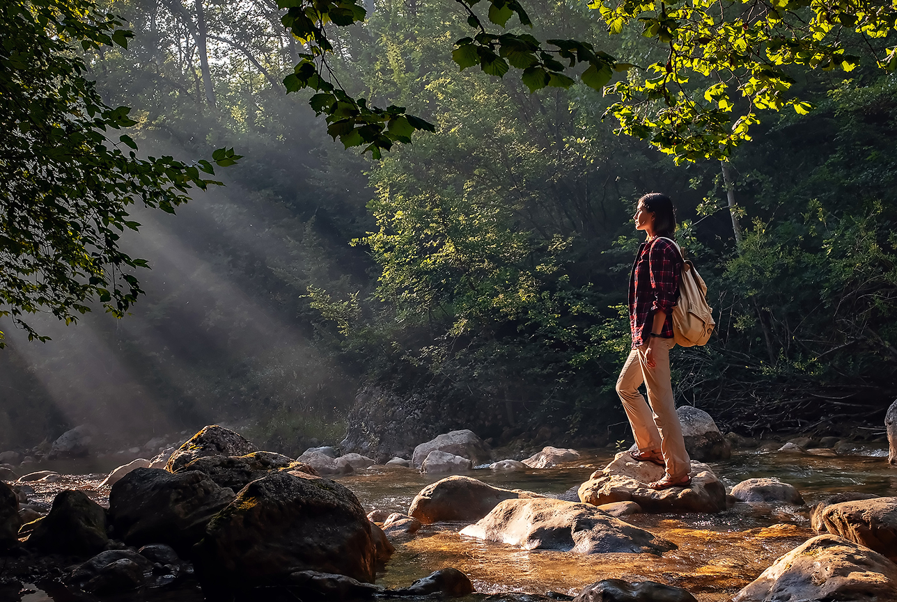A person stands on rocks in a serene forest stream, wearing a backpack. Sunlight filters through the trees, creating a peaceful and contemplative mood.