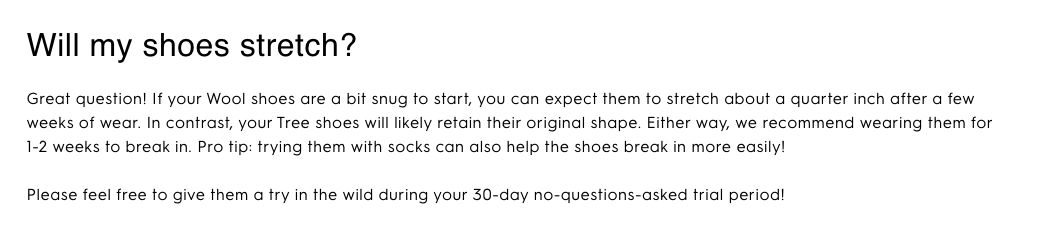 Screenshot of a question and answer for "Will my shoes stretch?"