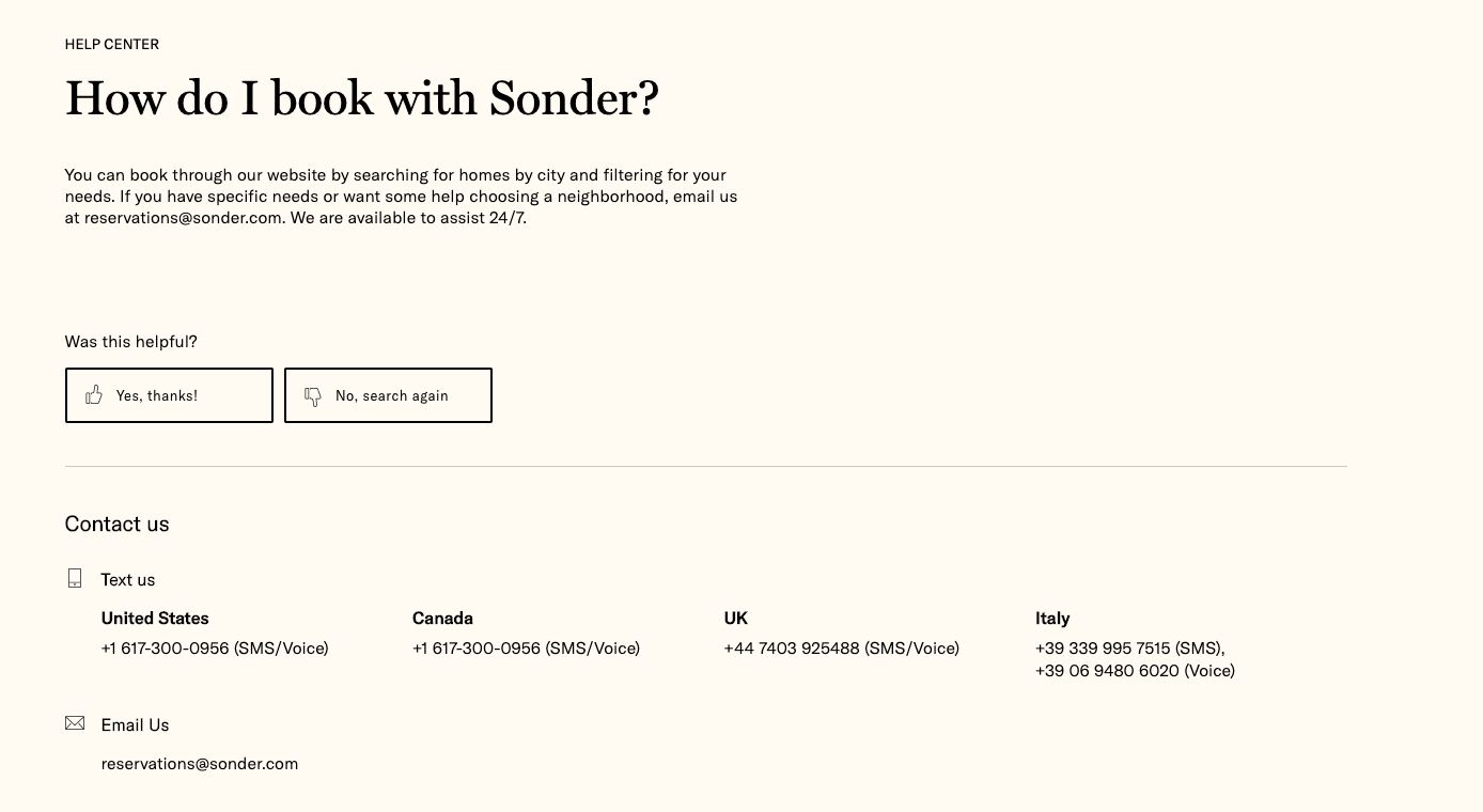 Help center response for "How do I book with Sonder?"