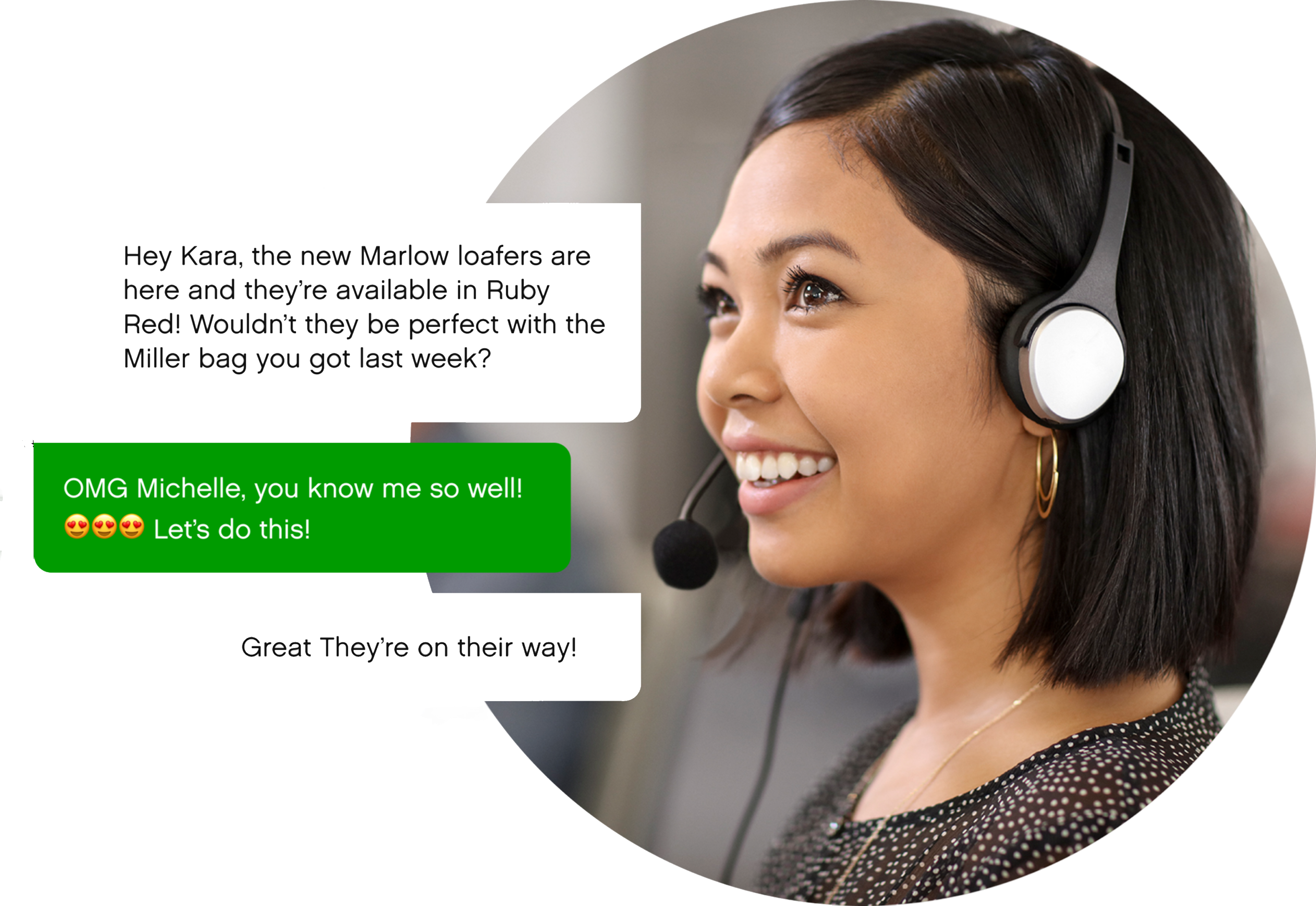 Smiling woman wearing a headset, engaged in a lively text conversation. Messages discuss Marlow loafers and suggest excitement and connection.