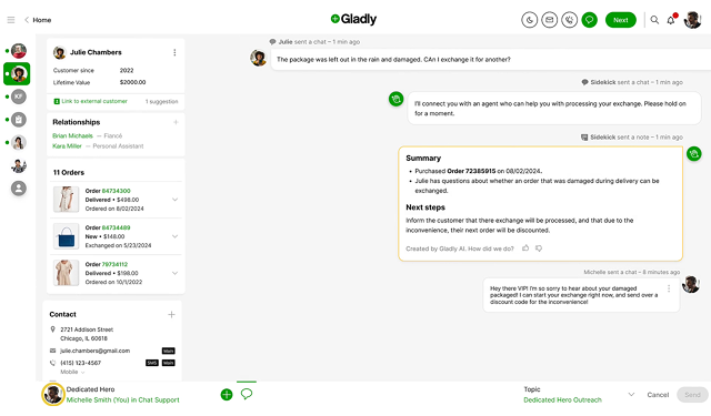 A customer service chat interface shows a conversation about exchanging a damaged item. The left panel displays customer details and order history, while the chat section on the right discusses the issue. The interface is clean and professional, conveying efficient customer support.
