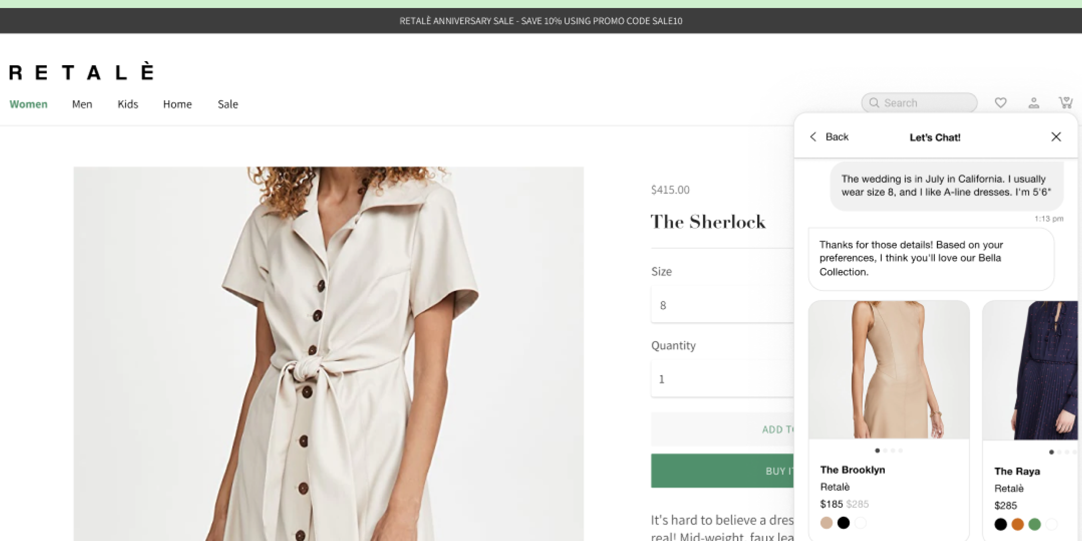 A fashion website product page showing a beige button-up dress with short sleeves and a tied waist. A chat box suggests similar dress options. The design is clean and modern, evoking a shopping experience.