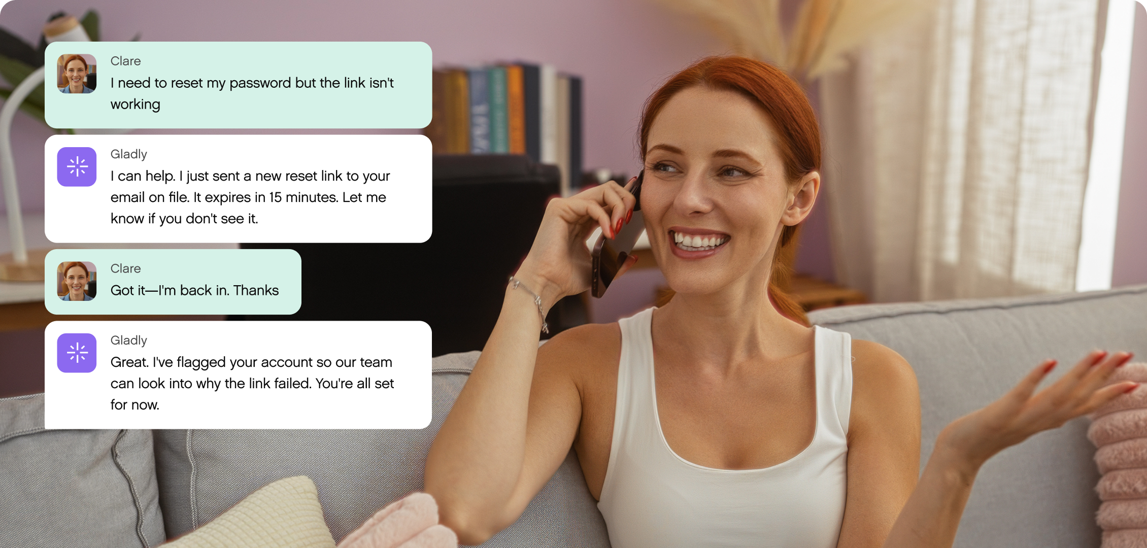A woman with red hair is sitting on a sofa, smiling while talking on the phone. Chat messages beside her show a successful password reset request.