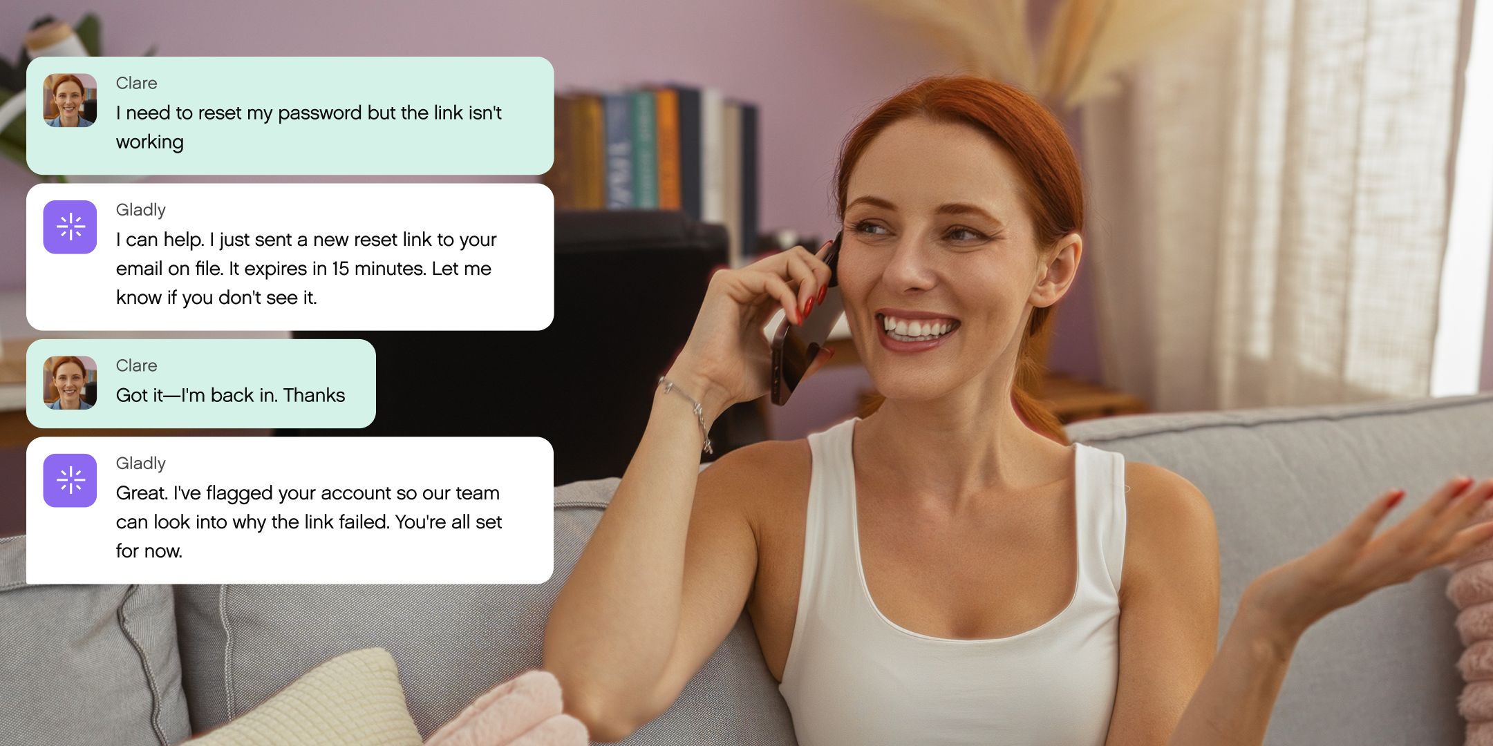 A woman with red hair is sitting on a sofa, smiling while talking on the phone. Chat messages beside her show a successful password reset request.