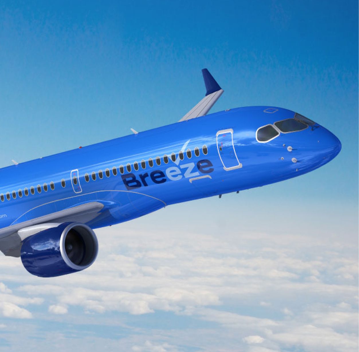 Blue airplane with "Breeze" logo flies above clouds against a clear blue sky, conveying a sense of modernity, speed, and freedom.
