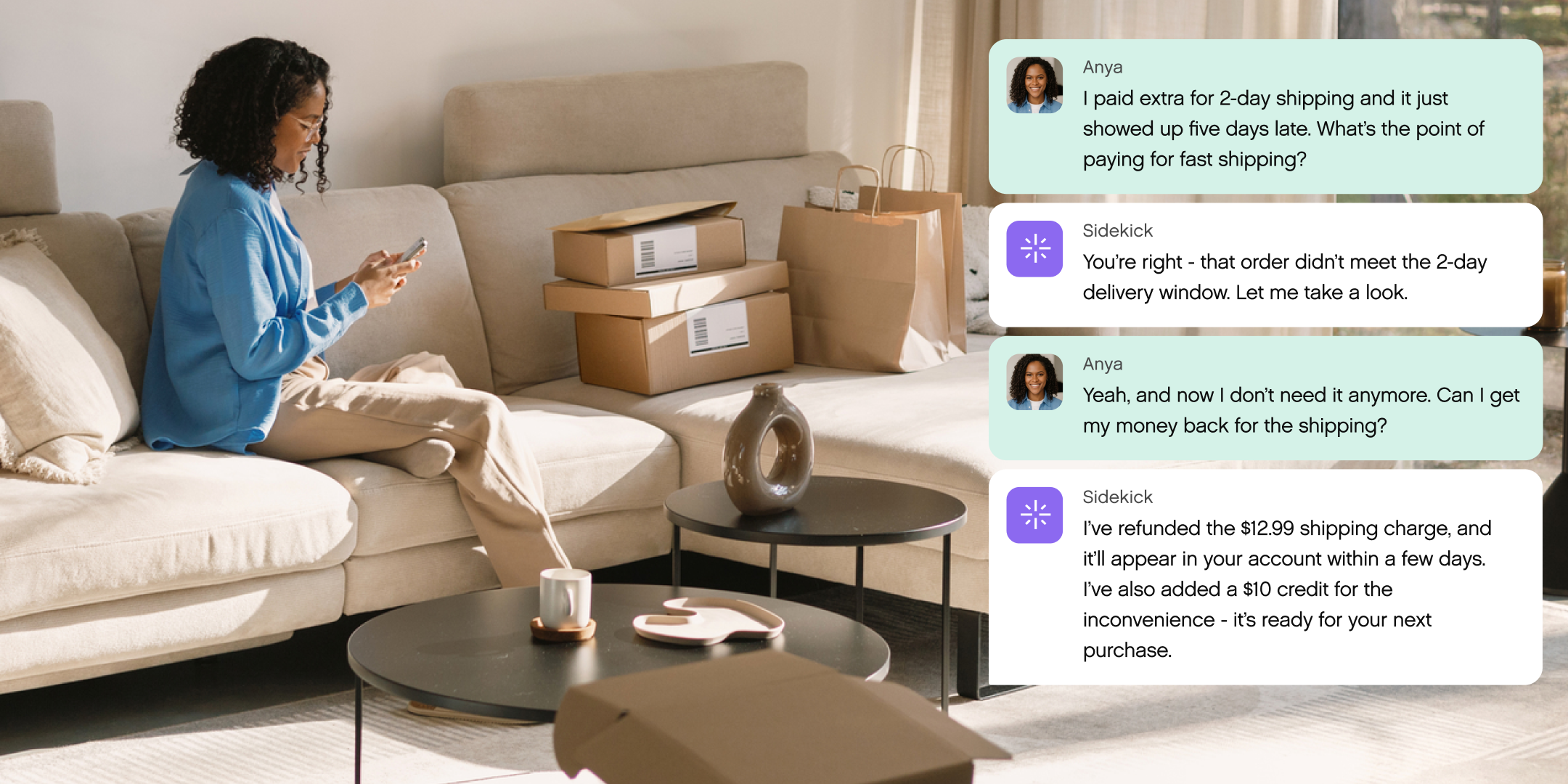 A woman sits on a sofa with packages around her, holding a smartphone. Chat messages beside her discuss a delayed delivery and refund. The scene is calm.